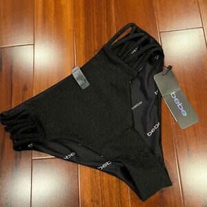 Bebe Black Shimmer Bikini Bottom Swim Strappy Cage Side Glitter New Size Small